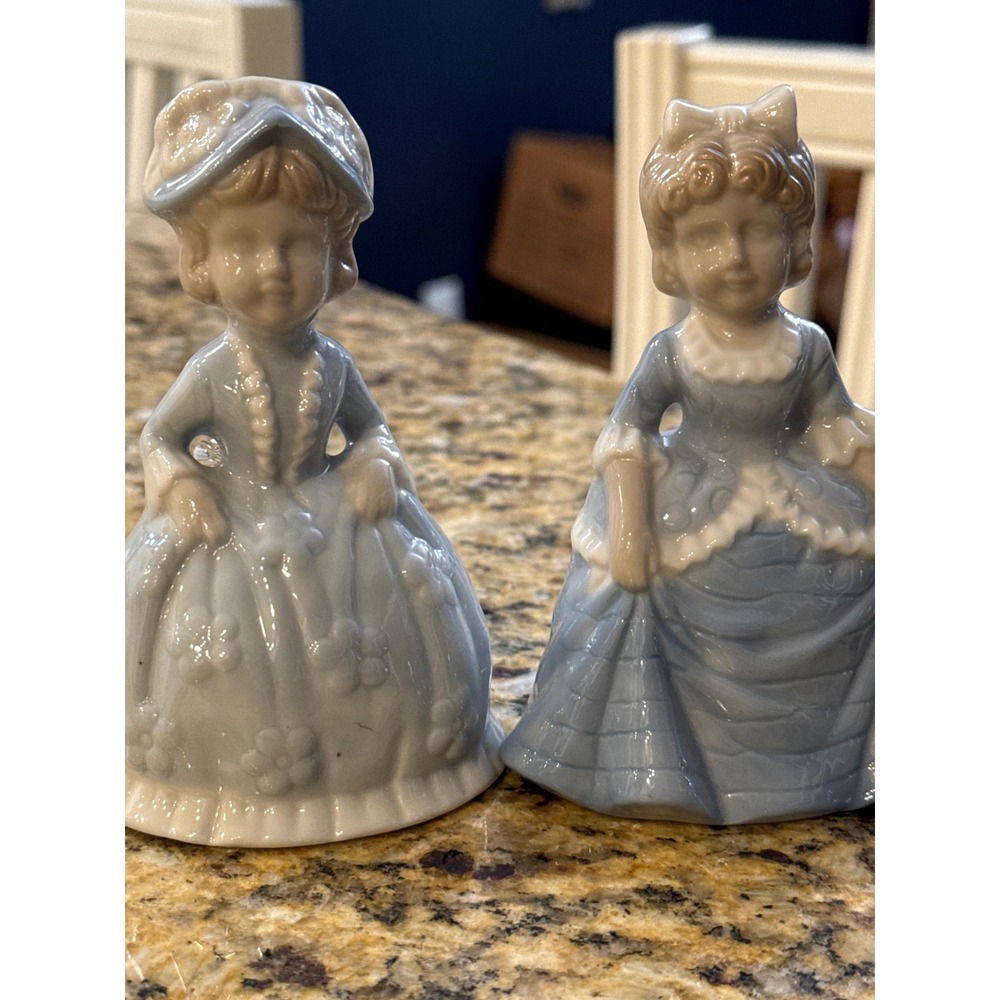 Vintage AA Importing Co Porcelain Colonial Lady Dinner Bells Blue White Set of 2